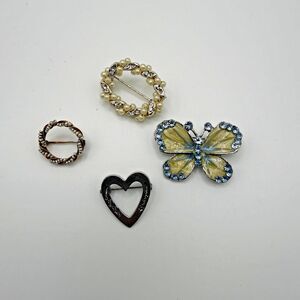 Vintage Brooch Lot of 4 Butterfly, Faux Pearl Wreath, Silver Heart & Rhinestone